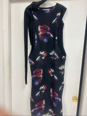 Black Midi Dress with Red & Blue Fish Print and Waist Sash